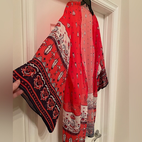 NWOT 3/4 sleeve open lightweight kimono top size Large- orange pattern - Picture 2 of 4